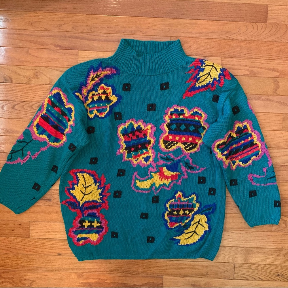 Vtg 80’s 90’s Jennifer Reed Chunky HAND KNIT Fall Leaves Rainbow Sweater